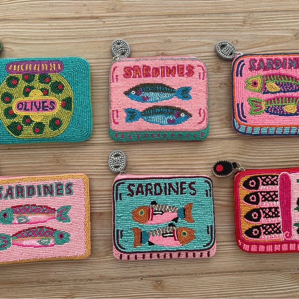 Beaded Sardines Coin Pouch Pink Multicolor Zip Pouch - Picture 3 of 3
